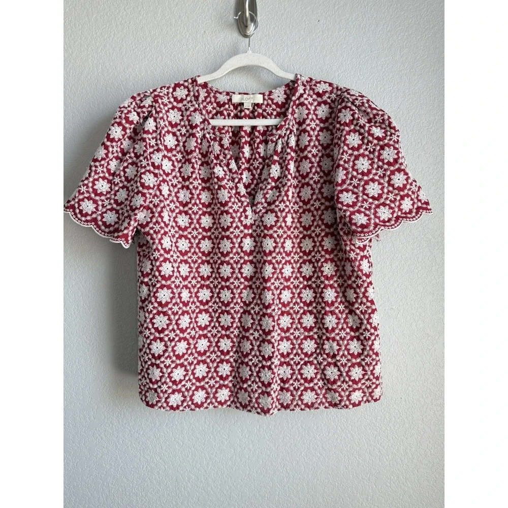 LOFT Floral Eyelet Lace Red Blouse Puff Sleeve Scallop Cottagecore Coquette XL